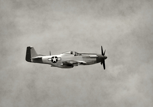 World War II era fighter plane in flight side view
