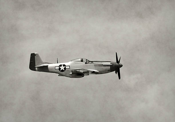 Old fighter airplane in flight World War II era fighter plane in flight side view fighter plane vintage stock pictures, royalty-free photos & images