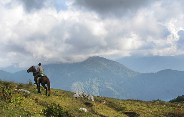Horseman stay on peak of mountain and rest stock photo