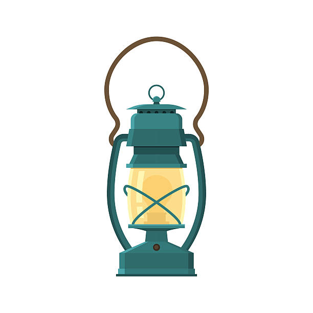 Camping Lantern or Gas Lamp Vintage camping lantern isolated on white background. Retro gas lamp with glowing fire wick. Rustic tourist oil lantern vector illustration. Old lamp for hiking. kerosene fuel stock illustrations
