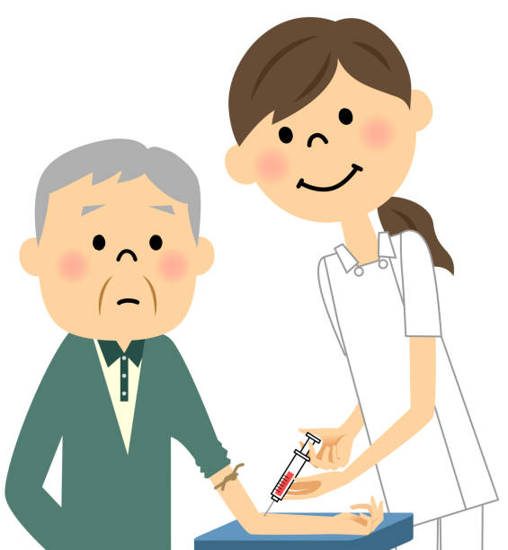 perawat dan orang tua, pengumpulan darah - asian blood sugar test ilustrasi stok