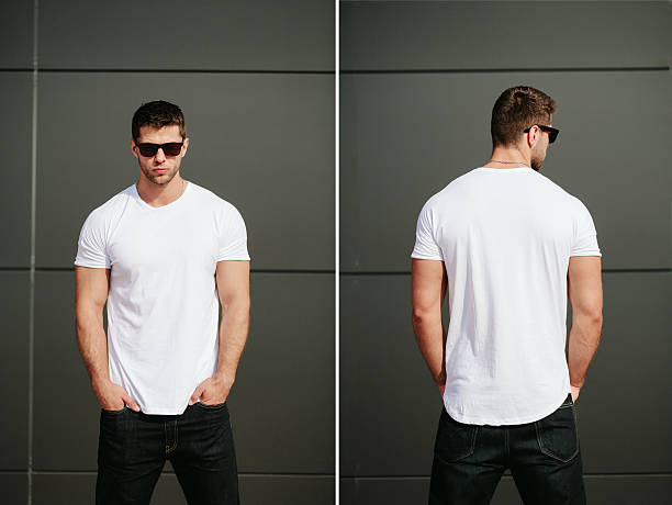 istock Man wearing white blank t-shirt with space for your logo 598054064
