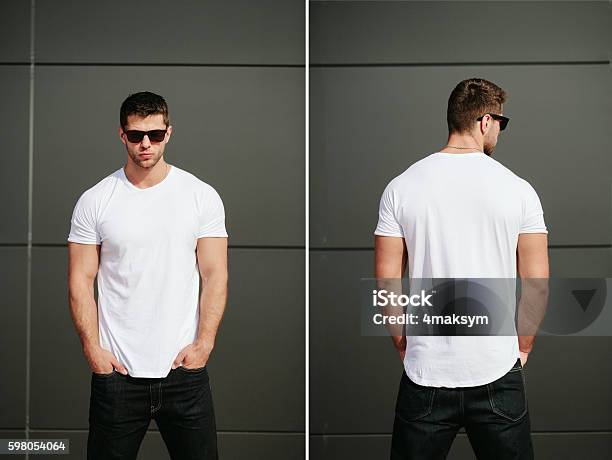 Man Wearing White Blank Tshirt With Space For Your Logo Stock Photo - Download Image Now