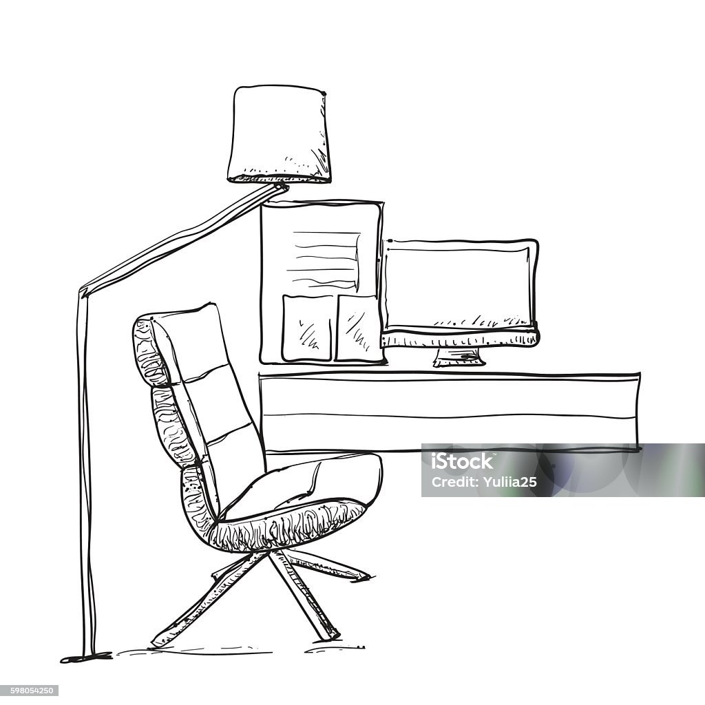 Visual Workplace Drawing Hand Drawn Workplace Stock Illustration - Download Image Now ...