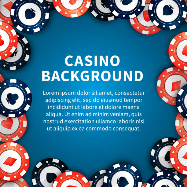 Casino chips on table, background with text template Red and blue casino chips with cards signs on casino table, background with text template poker wallpaper background stock illustrations