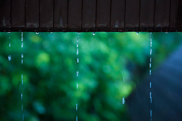 istock Rain water dropping from old rusted metal roof 598056606