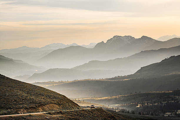 Journey through the mountains range with car pickup truck
