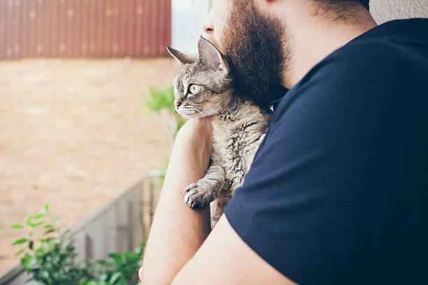 istock Young man is hugging with his lovely devon rex cat 598058316