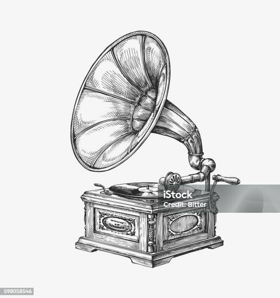 Handdrawn Vintage Gramophone Sketch Music Vector Illustration Stock Illustration - Download Image Now