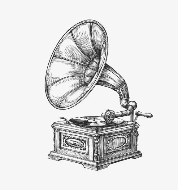 Vector illustration of Hand-drawn vintage gramophone. Sketch music. Vector illustration