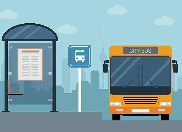 illustrazioni stock, clip art, cartoni animati e icone di tendenza di foto dell'autobus alla fermata dell'autobus. - transportation bus mode of transport public transportation