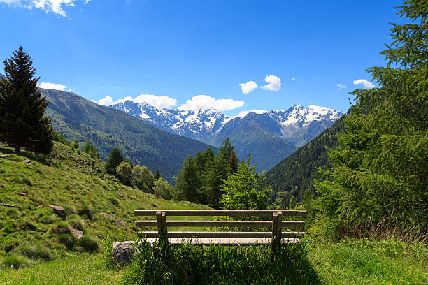 istock Panorama view with bench and alpine mountains, Alps, Italy 598062306