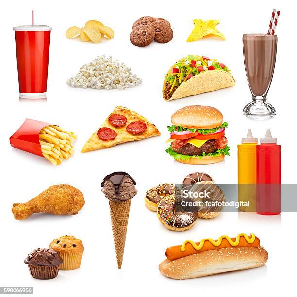 Unhealthy Food Isolated On White Background Stock Photo - Download Image Now - Cut Out, Fast Food Restaurant, White Background