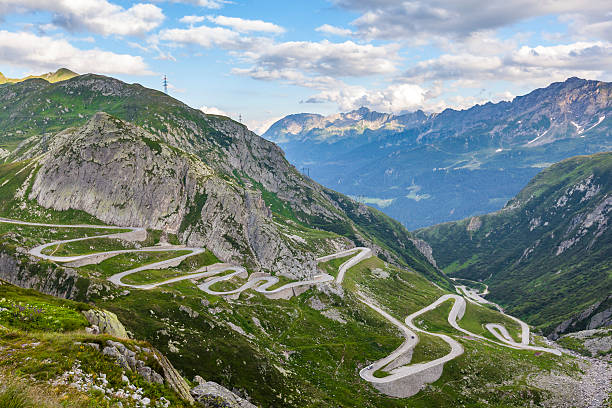 gotthard pass street the old serpentine street over the gotthard pass route. gotthard pass stock pictures, royalty-free photos & images