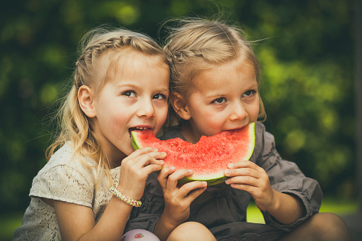 sweet little twin girls eating melon in the garden.