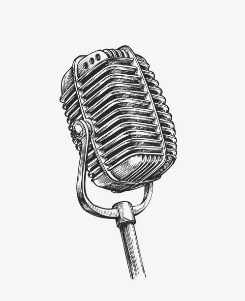 Hand-drawn vintage microphone. Sketch karaoke. Vector illustration Hand drawn vintage microphone. Sketch karaoke. Vector illustration microphone drawings stock illustrations