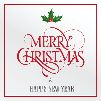 Merry Christmas and Happy New Year lettering. Red and grey inscription with mistletoe leaves and berries. Handwritten text with holly decoration can be used for greeting card, poster, banner