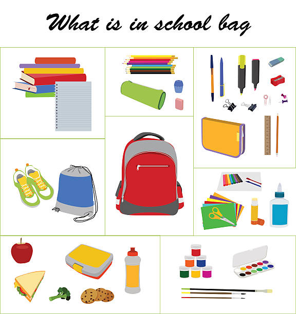 School essentials flat vector set What is in school bag. School essentials flat vector set. School backpack, gym bag, lunch box, books, and supplies vector collection. lunch boxes background stock illustrations