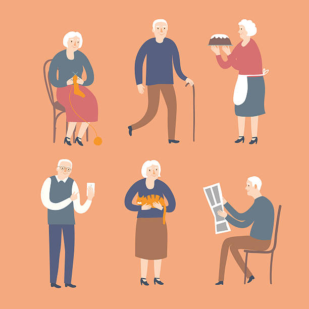 мультфильм старики проводят свободное время - grandmother knitting senior women senior adult stock illustrations