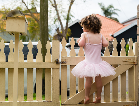 Back view of toddler girl with curly hair and pink tutu standing on wooden picket fence looking out
