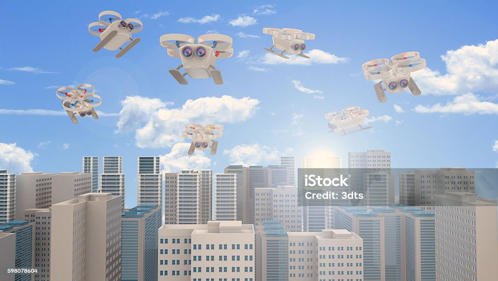 Surveillance drones flying over the city Surveillance and technology concepts Aerial View Stock Photo