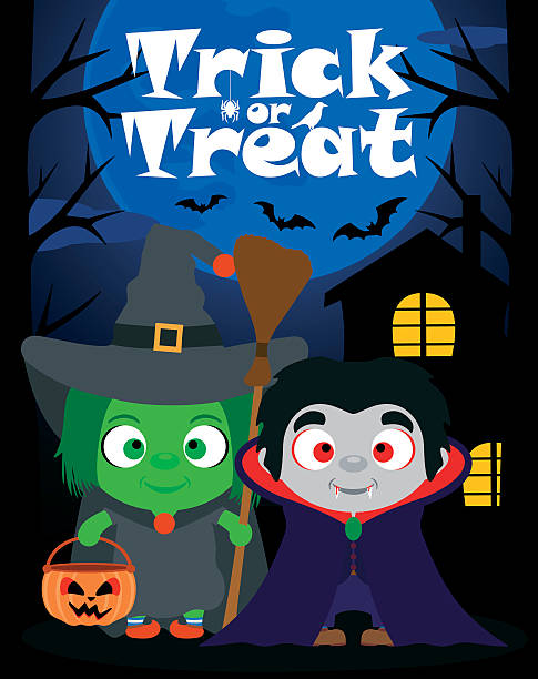 Halloween background trick or treating with children, vector Halloween background  trick or treating with children in Halloween costume ,vector nudie suit stock illustrations