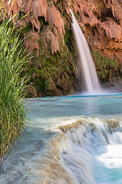 Havasu Falls Travertine Ledge A travertine ledge below Havasu Falls where it plunges into a deep blue-green pool on the Havasupai Indian Reservation in the Grand Canyon. harasu canyon stock pictures, royalty-free photos & images