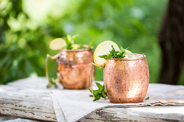 Moscow mules cocktail in copper mugs