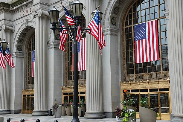 Cleveland, USA - June 29, 2013: Entrance of Terminal Tower in Cleveland. At the time of its construction Terminal Tower was the 4th tallest building in the world at 771 ft.