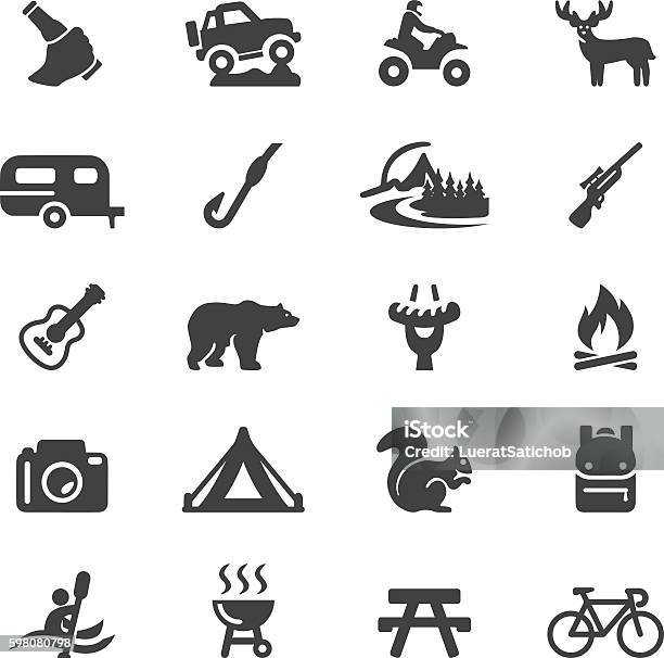 Outdoors And Adventure Silhouette 20 Icons Eps10 Stock Illustration - Download Image Now - Camping, Off-Road Vehicle, Picnic Table