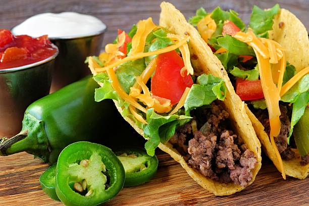 istock Hard shelled tacos with ground beef, lettuce, tomatoes, cheese close-up 598083312