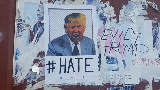 New York City, United States - June 29, 2016: In the months leading up to the presidential election on the exterior of a building in the Chelsea neighborhood of Manhattan a poster with an image of Donald Trump is posted with the caption 