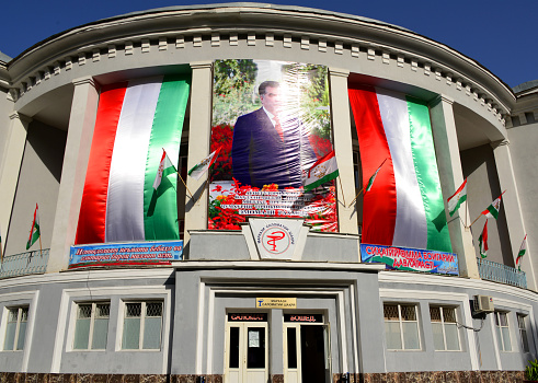 Dushanbe, Tajikistan - August 25, 2016: images of President Emomali Rahmon are everywhere, here on a clinic façade