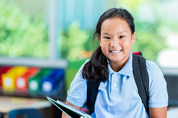 istock Smiling Asian private schoolgirl before class 598087824