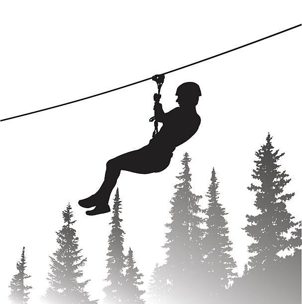 spannende zip line abenteuer - umrisslinie and schatten im mittelpunkt and illustration and tragen stock-grafiken, -clipart, -cartoons und -symbole