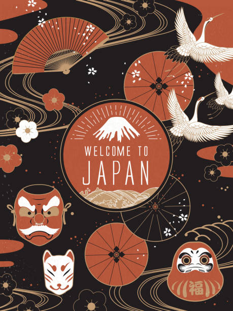 Elegant Japan travel poster Elegant Japan travel poster, traditional background with cultural symbol elements japanese crane stock illustrations