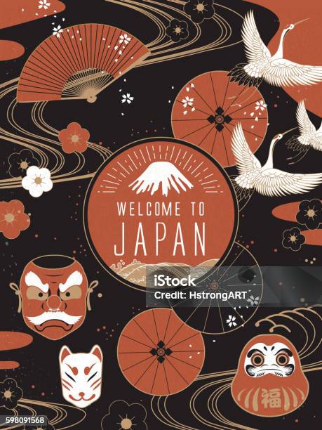 Elegant Japan Travel Poster Stock Illustration - Download Image Now - Japan, Daruma, Japanese Crane