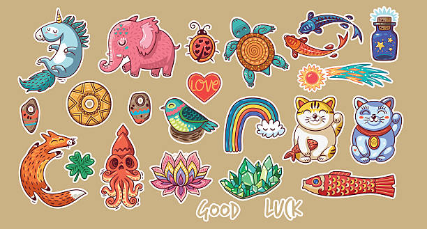 Collection of stickers with lucky symbols - ilustração de arte vetorial