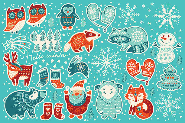 Collection of Christmas stickers - ilustração de arte vetorial