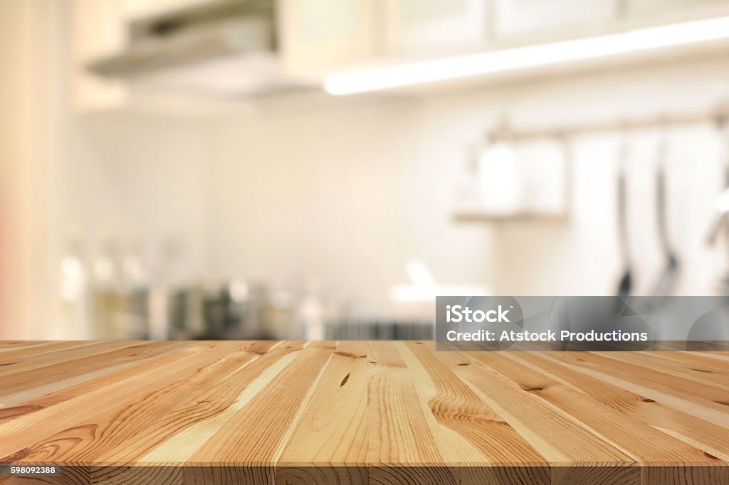 Wood Table On Blur Kitchen Background Stock Photo - Download Image - iStock