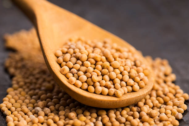 istock Spicy mustard seeds in a wooden background 598093316