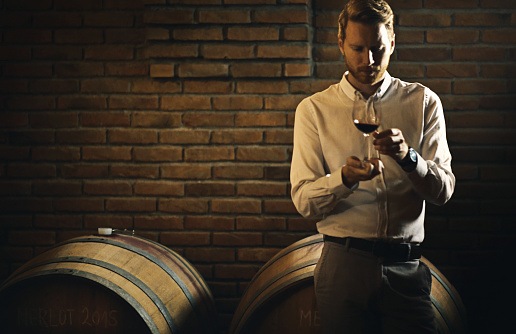 Closeup front view of a mid 30's handsome man visually examining a glass of wine at a wine cellar. He's standing next to a row of oak casks. Holding the wineglass by its foot and shaking it.