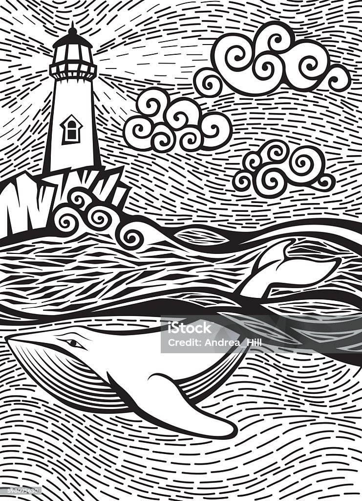 Doodle Sketch of a Whale in the Sea Near Lighthouse Vector doodle sketch of a whale in the sea near a lighthouse. Created in a stylized fashion. Lighthouse stock vector