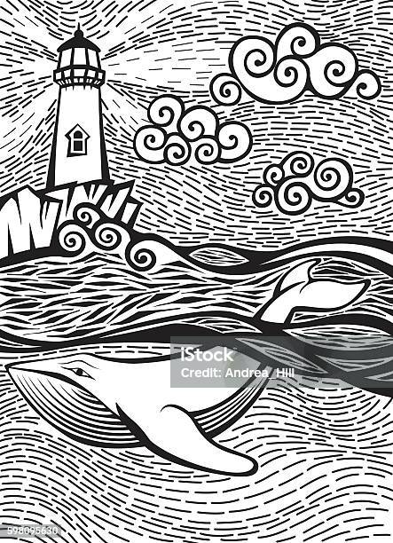 Doodle Sketch Of A Whale In The Sea Near Lighthouse Stock Illustration - Download Image Now