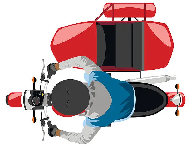 Vector illustration of classic side car motorcycle with rider isolated top view