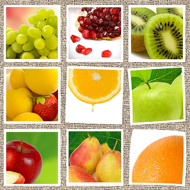 fruit collage seamless pattern from many fruits on sackcloth background