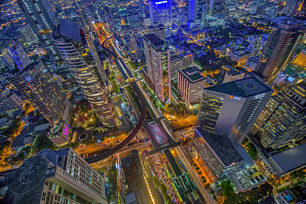 istock Birds eye view of a modern building at night. 598133306