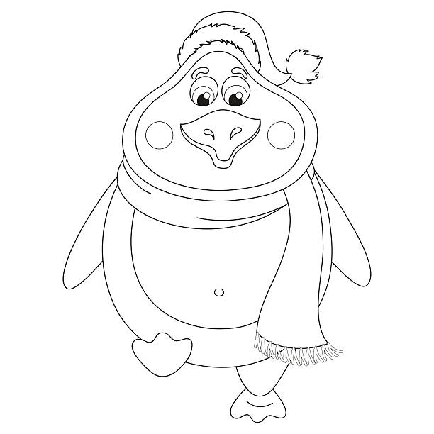 New Year's penguin in hat and scarf walks, coloring New Year's penguin in winter hat and scarf walks, fat birdie takes step, funny character raises paw, coloring book page for children, vector illustration fat humor black expressing positivity stock illustrations