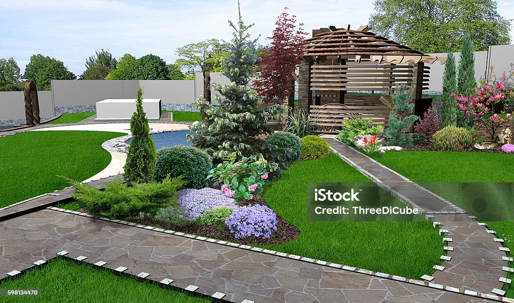 Patio horticultural background, 3d rendering Well-thought planning alfresco living area. Green design features. Landscaped Stock Photo