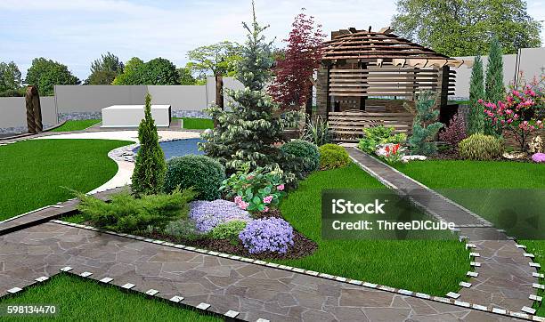Patio Horticultural Background 3d Rendering Stock Photo - Download Image Now - Landscaped, Yard - Grounds, Plan - Document